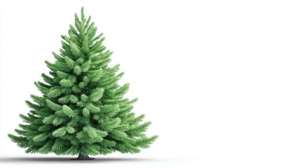 A lush green pine tree stands alone against a white background, symbolizing nature's beauty and often associated with holiday celebrations.