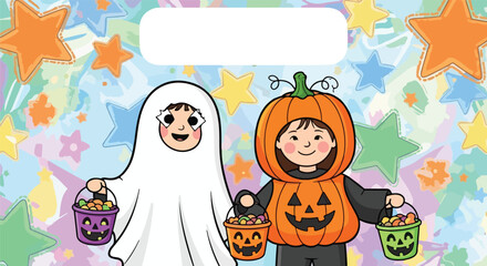 Children dressed in halloween costumes of a ghost and a pumpkin holding candy buckets with stars