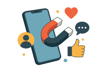 Social media marketing metaphor. Magnet on smartphone attracts new customers, likes, followers. Concept of inbound marketing, lead generation, and digital customer acquisition.