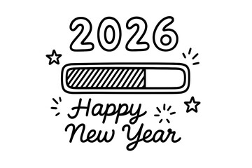 Happy New Year 2026 loading concept. Hand-drawn doodle progress bar downloading the new year. Vector illustration for countdown, party invitation, or greeting card design.