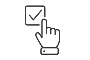 Hand finger clicking check box. Vector line icon for choice, decision-making, voting, and selection. Concept of task completion, survey, agreement, approval and confirmation.