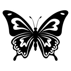 Illustration of a black butterfly with intricate wing patterns against a white background design element