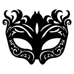 Ornate black masquerade mask with swirling designs and eye openings for carnival or costume parties