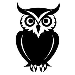 Illustration of a horned owl standing tall with piercing eyes and detailed feather patterns in black and white