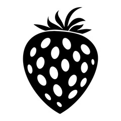 Black and white strawberry with leaves and white spots in a simple vector graphic illustration