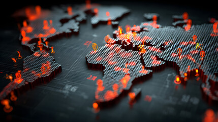 A world map with highlighted locations under cyber attack warnings, depicting the global nature of cyber threats.