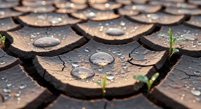 Close-Up of Parched Earth with Water Beads in Ultra-Realistic Detail
