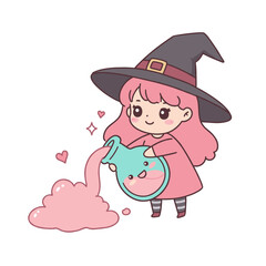 Cute girl witch pouring pink potion from bottle with stars  