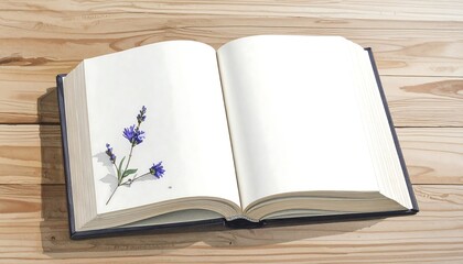 Fototapeta premium Open book with small purple flowers placed on a wooden surface
