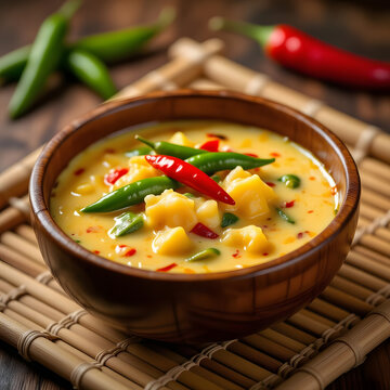 A photorealistic close-up of Bhutanese Ema Datshi: spicy chili and cheese stew, colorful green and red chilies simmered in creamy cheese sauce, served in a traditional wooden bowl on a woven bamboo