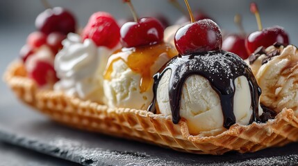 Delicious ice cream sundae in waffle bowl with various toppings and cherries