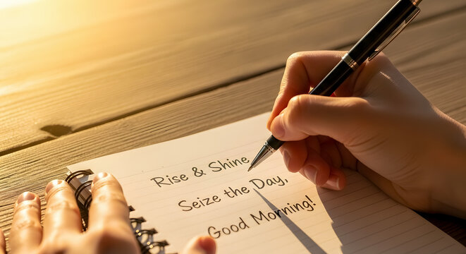 Start your day off right with a positive mindset, writing motivational affirmations in a notebook to seize the day and shine bright with inspiration