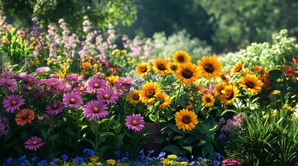 Fototapeta premium Golden sunflower field landscape under bright sunshine high resolution picture