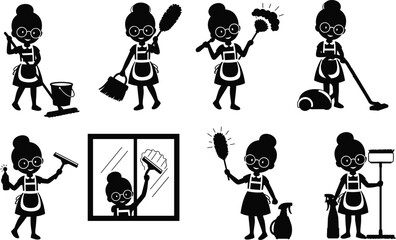 Set of eight black silhouette illustrations of woman performing household cleaning tasks with tools, vector design for hygiene or service themes