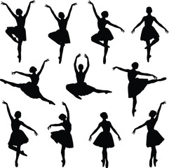Set of eleven black silhouette illustrations of ballet dancers in classical poses, vector design for dance, art, or education themes © Sharon 