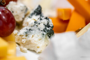 Assorted gourmet cheeses on a platter with blue cheese, cheddar, and white cheese, garnished with a red grape. Close-up, rustic food styling, ideal for tasting or catering themes.