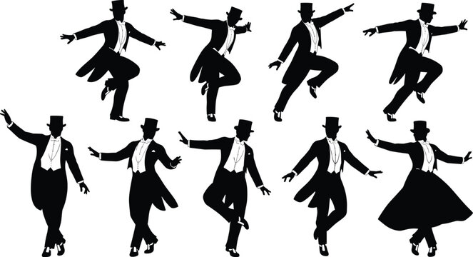Set of nine black silhouette illustrations of man in top hat and tuxedo performing dance poses, vector design for vintage themes