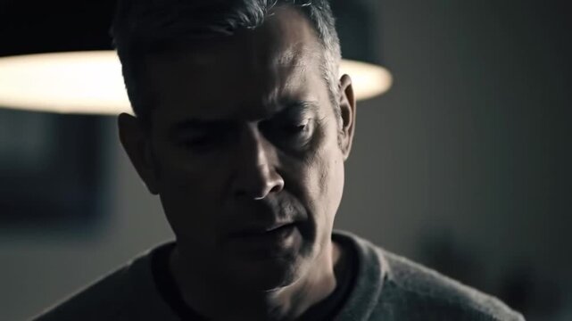 Middleaged man serious expression partially obscured light