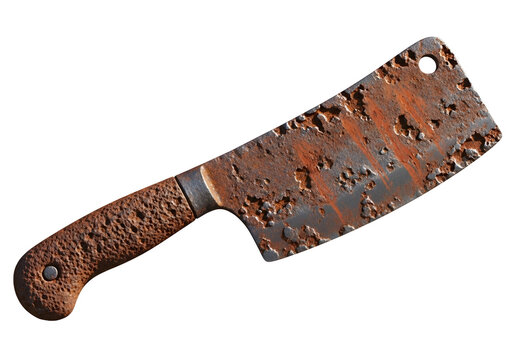 Rusty butcher knife, against a stark black background, displays a textured, aged metal blade and handle.