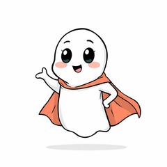 A cartoon ghost with a cape waving and smiling on a white isolated background