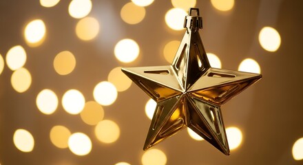 A gleaming gold star ornament hangs against a backdrop of warm, festive lights.