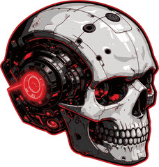 Futuristic Robotic Skull in Isometric Comic Book Style with Bold Monochrome Shading and Vivid Red Glow - isolated on a black background