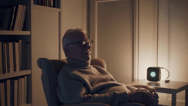 Elderly man resting in an armchair next to a glowing smart lamp, creating a repetitive pattern across the grid, symbolizing solitude and quiet evening relaxation