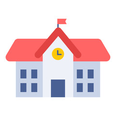 School building illustration with clock and flag on a white background