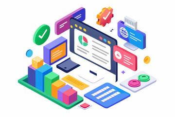 Creative 3D illustration showing software development, programming code windows, debugging tools, and colorful tech icons. Perfect for concepts related to coding, web development, app design, artifici