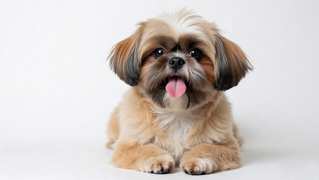 Adorable shih tzu dog sitting on a white background, showcasing its fluffy coat and expressive eyes