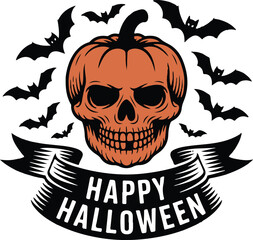 Halloween badge emblem pumpkin skull silhouette vector