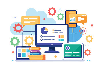 Fototapeta premium Creative 3D illustration showing software development, programming code windows, debugging tools, and colorful tech icons. Perfect for concepts related to coding, web development, app design, artifici