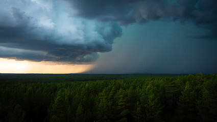 A dramatic storm approaches over a vast, dark green forest, with ominous clouds casting a moody atmosphere and a hint of sunset light on the horizon