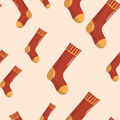 Seamless pattern with warm red cozy socks. Seamless repeating pattern of tall warm red socks, symbolizing comfort, autumn and winter coziness, ideal for seasonal design projects.
