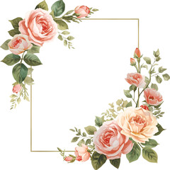Elegance floral gold frame with pastel peach pink roses and leaves on transparent background. Watercolor decorative corner