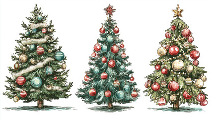 Fototapeta premium handdrawn comic style, set of beautiful decorated christmas tree with christmas baubles, guirlandes etc , isolated on white background. Beautiful design element for poster, christmas greeting card.