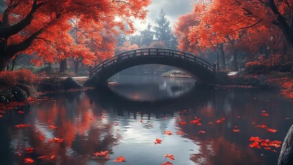 Serene autumn landscape with a bridge over water