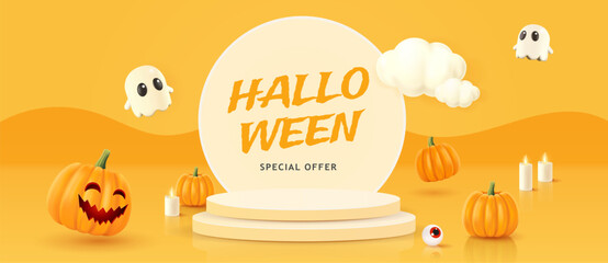 Halloween background with 3d podium, smiling Jack O Lantern pumpkin and cute 3d ghosts. Greeting card for party and sale. 