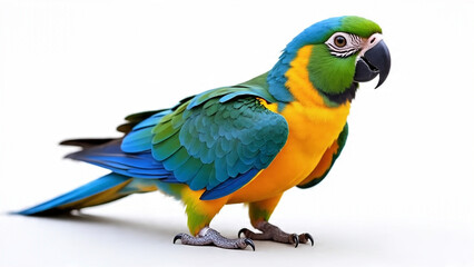 Detailed view of an Alexandrine Parrot showcasing its bright green plumage and red beak on a plain white background