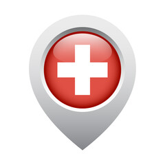Obraz premium map pointer icon with glossy round flag of Switzerland