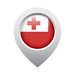 map pointer icon with glossy round flag of Tonga