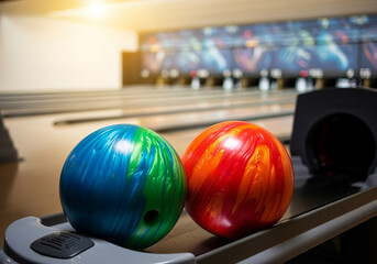 Colorful bowling balls on rack in lively bowling alley