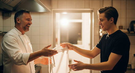 Chef mentoring young cook in professional kitchen
