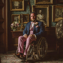 Distinguished groom in pink suit seated in ornate interior