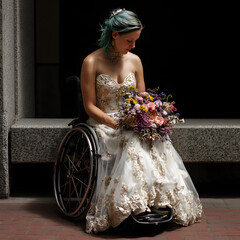 Bride in wheelchair with blue hair and floral bouquet in wedding gown