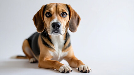 A beagle sitting and gazing at the camera against a plain white background