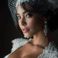 Beautiful bride in lace gown with birdcage veil and crystal earrings wedding portrait