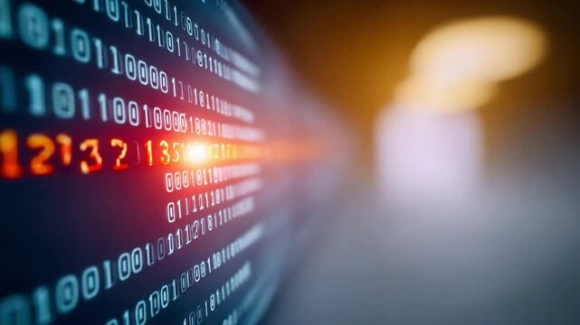 Digital Code Symphony: A mesmerizing close-up unveils a cascade of binary code, aglow with the dynamism of data streaming, its digital tapestry of information displayed in intricate detail.