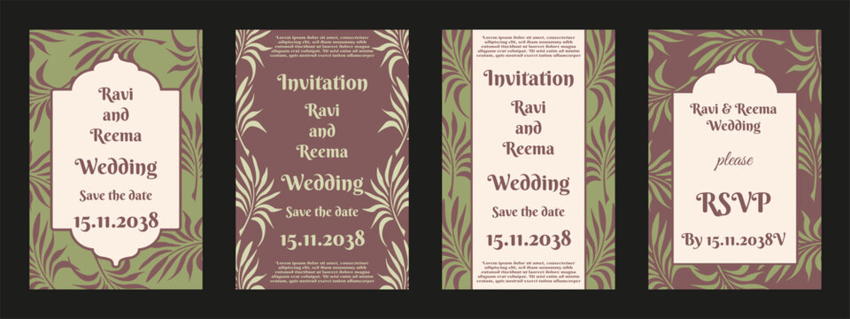 Indian Wedding Invitation card collection. Vector illustration of Indian Wedding Invitation poster with palm leaves pattern and Wedding typography. Perfect elegant bridal invite card set EPS 10