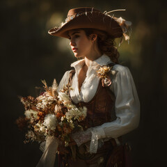 Romantic cowgirl bride in vintage western attire holding rustic floral bouquet